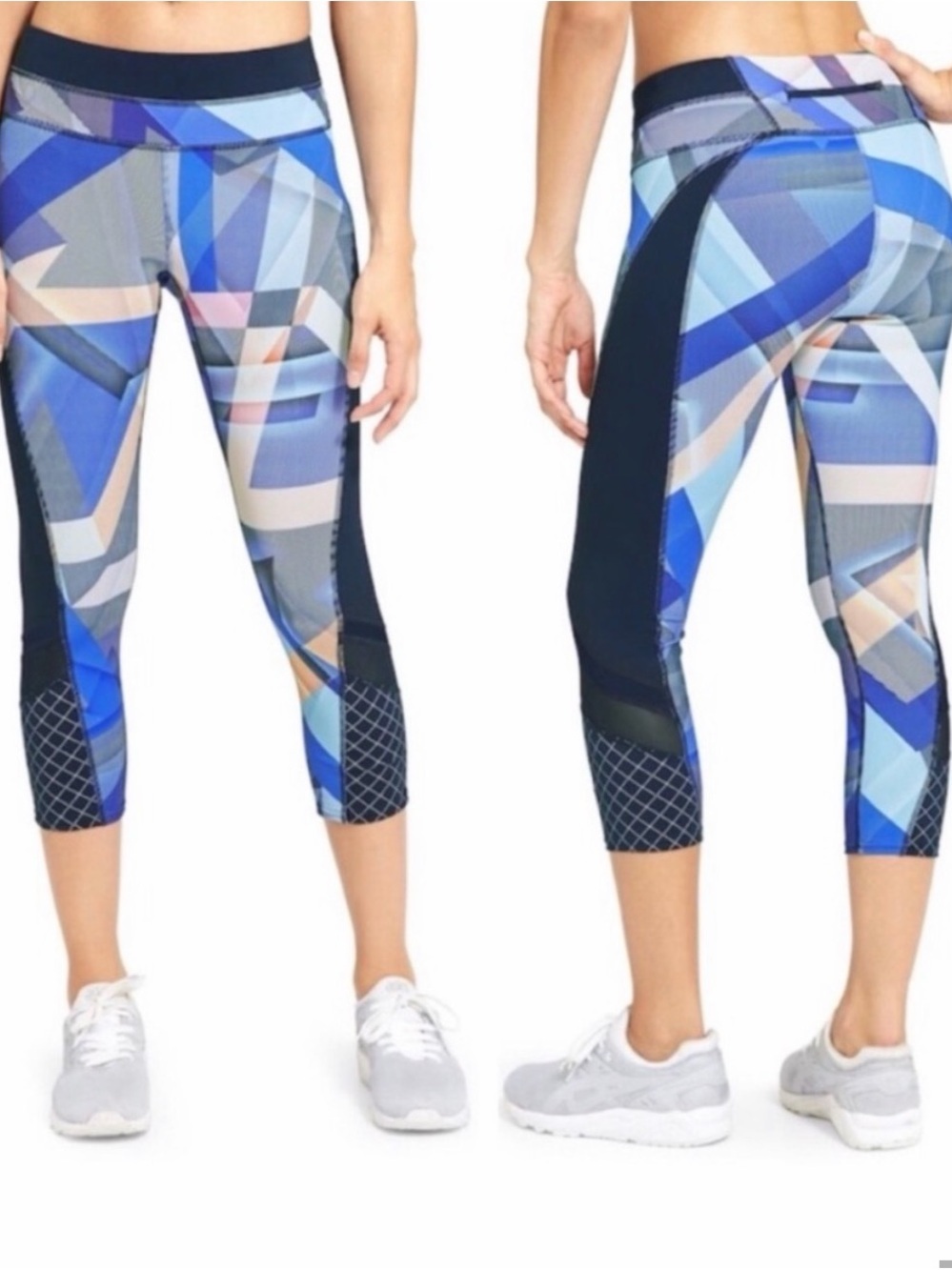 Athleta Electric Sonar Blue and Orange Striped Performance Capri Leggings